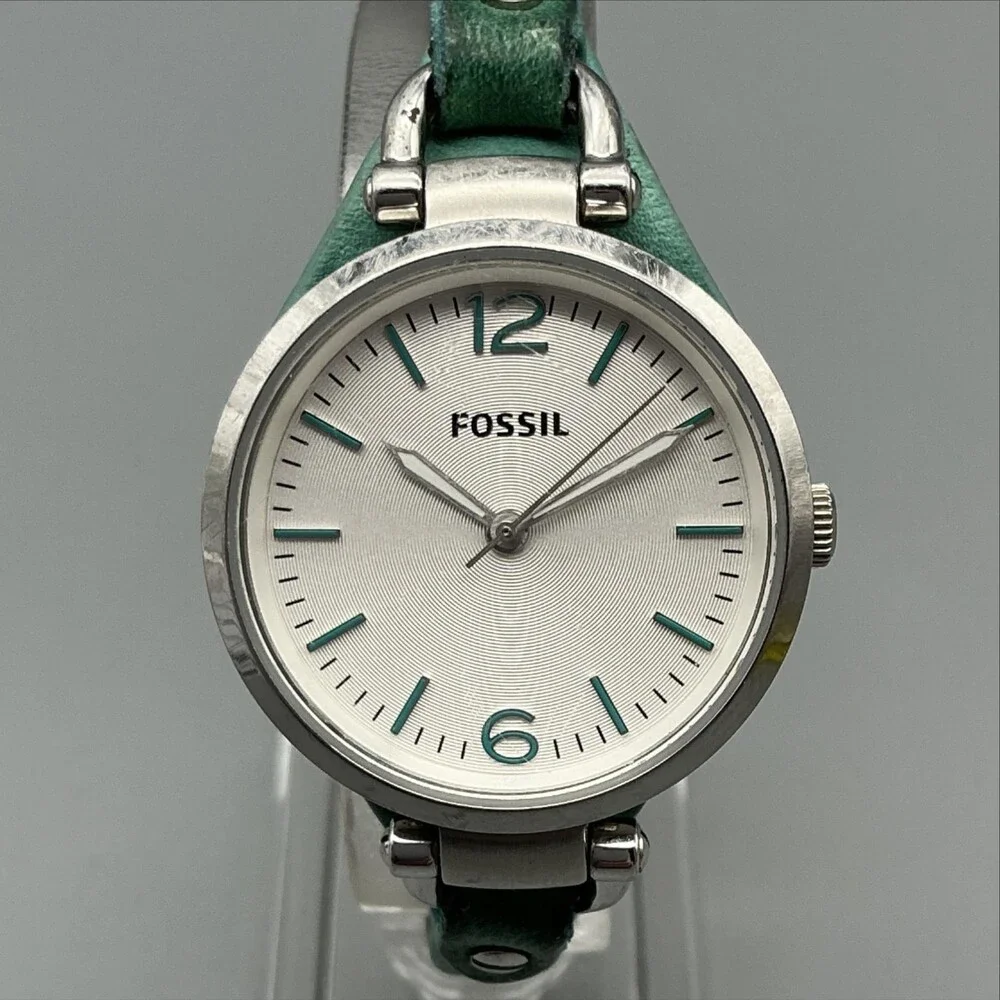 Fossil Womens Watch 32mm Silver Tone Stainless Green Leather Strap New Battery
